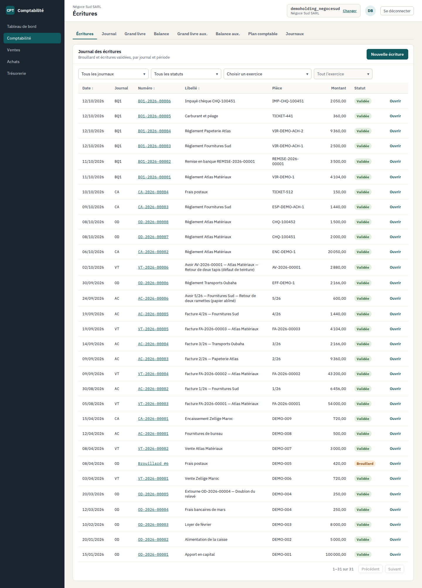 Comptabilité › Écritures : le journal des écritures par date, journal, numéro, libellé, pièce, montant et statut, du brouillon à la paire d'extourne