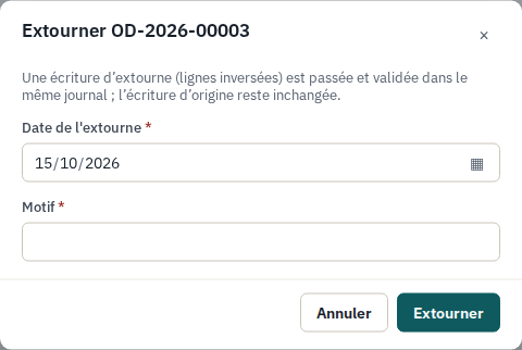 La boîte de dialogue « Extourner OD-2026-00003 » : la date de l'extourne et le motif obligatoire
