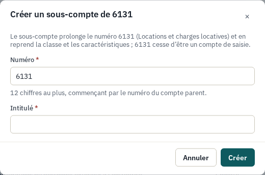La boîte de dialogue « Créer un sous-compte de 6131 » : le numéro qui prolonge le parent et l'intitulé