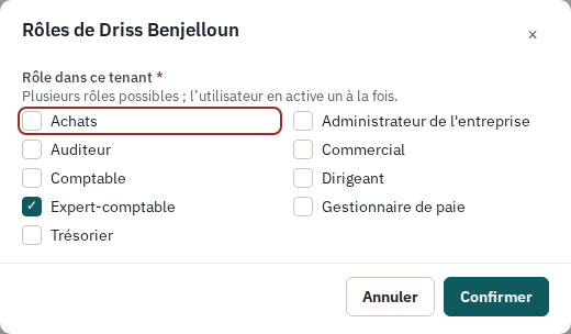 Boîte de dialogue des rôles: les rôles du tenant, cochés pour l'utilisateur