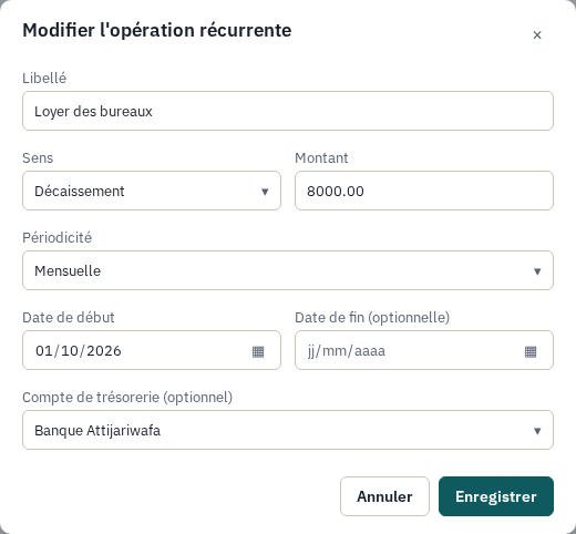 La modification d'une opération récurrente : « Loyer des bureaux », repris avec son sens, son montant et sa périodicité