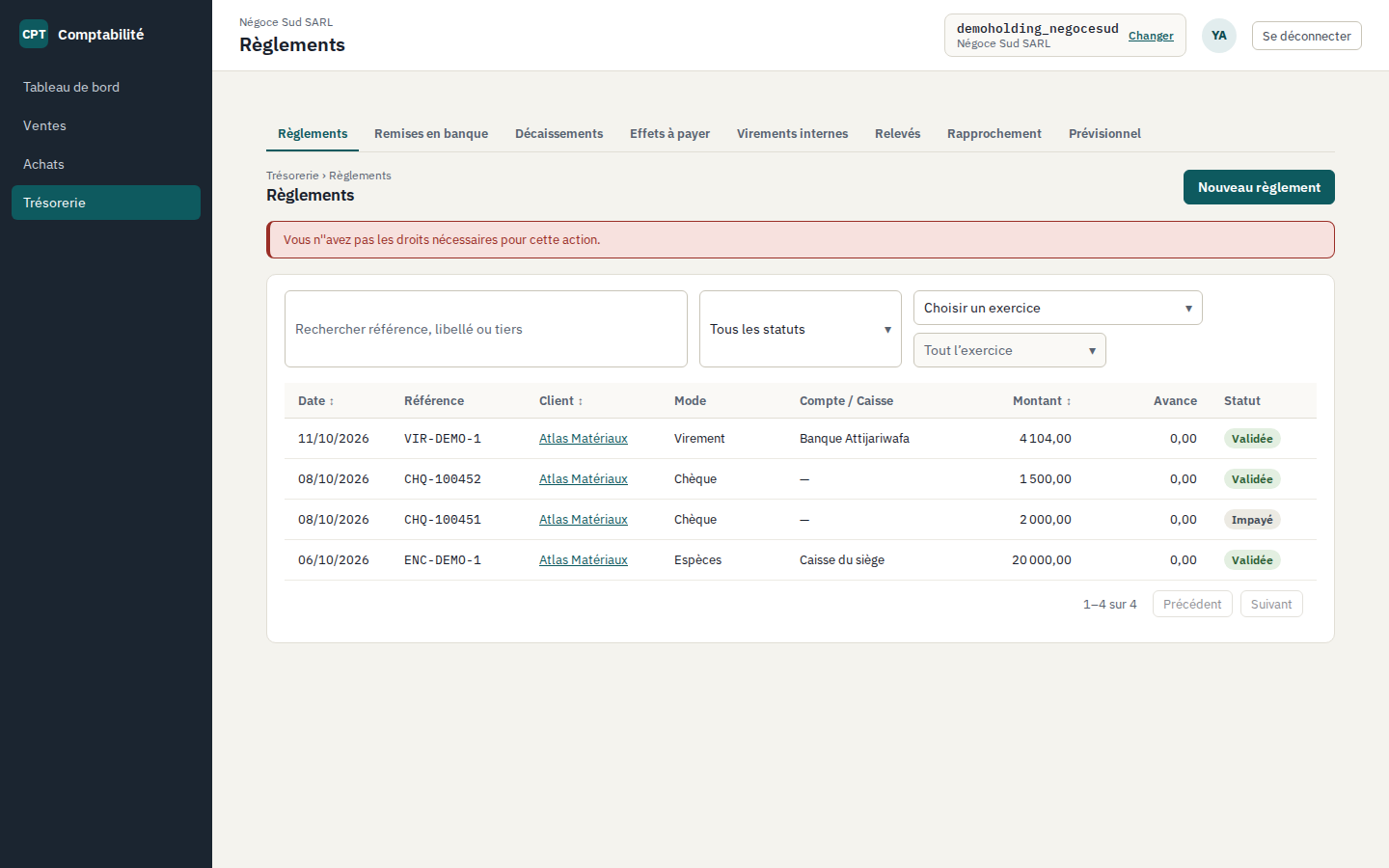 Trésorerie › Règlements : les encaissements, référence, client, mode, compte ou caisse, montant, avance, statut