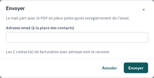 Boîte de dialogue « Envoyer » : l'adresse email optionnelle et le contact de facturation du client
